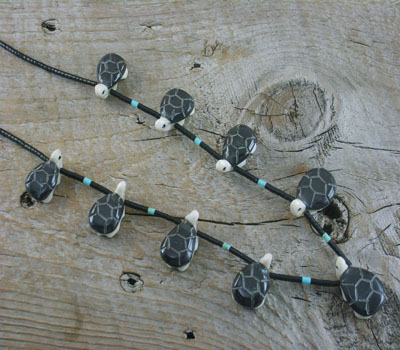 Turtle Fetish Carved Necklace Jet & Alabaster Southwest Jewelry